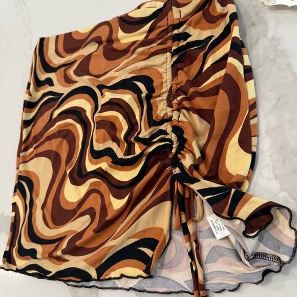 Altar’d State NWT Psychedelic Retro Side Ruched Mini Skirt Women's Medium Brown - Picture 3 of 7